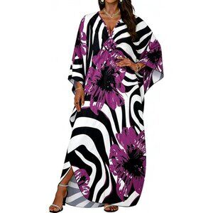 Women's Purple Flower V-Neck Batwing Sleeves Smocked Waist Maxi Kaftan Dress
